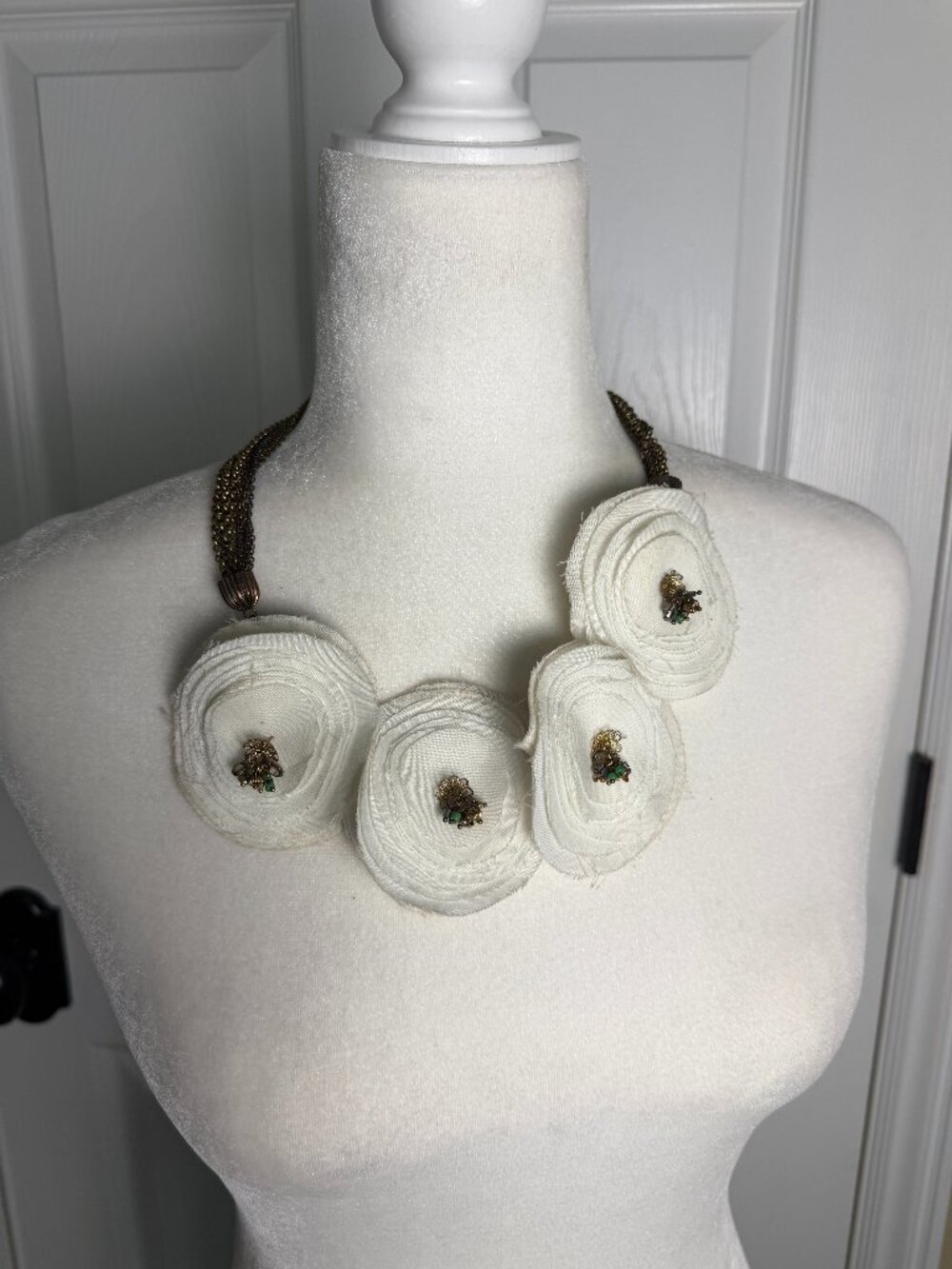 Vintage Fabric Flower & Bead Statement Collar Necklace Choker